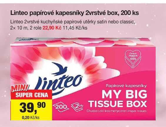 Linteo papírové kapesníky 2vrstvé box, 200 ks 