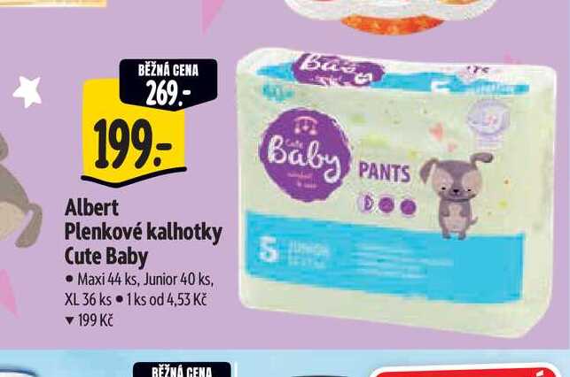   Albert Plenkové kalhotky Cute Baby Maxi 44 ks, Junior 40 ks, XL 36 ks  