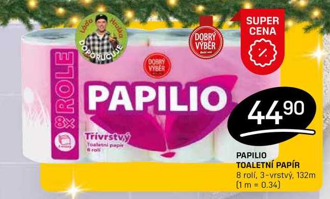 PAPILIO TOALETNÍ PAPÍR 8 rolí, 3-vrstvý, 132m