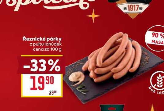 Řeznické párky z pultu lahůdek cena za 100g