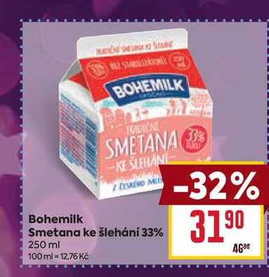 Bohemilk Smetana ke šlehání 33% 250 ml  v akci