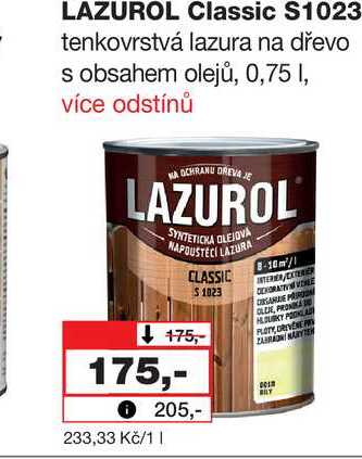 LAZUROL Classic S1023 tenkovrstvá lazura na dřevo s obsahem olejů, 0,75l