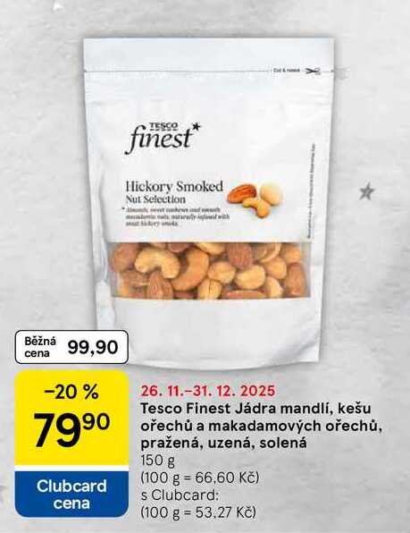 Tesco Finest Jádra mandlí, kešu ořechů a makadamových ořechů, pražená, uzená, solená, 150 g 