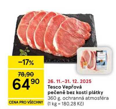 Tesco Vepřová pečeně bez kosti plátky, 360 g 