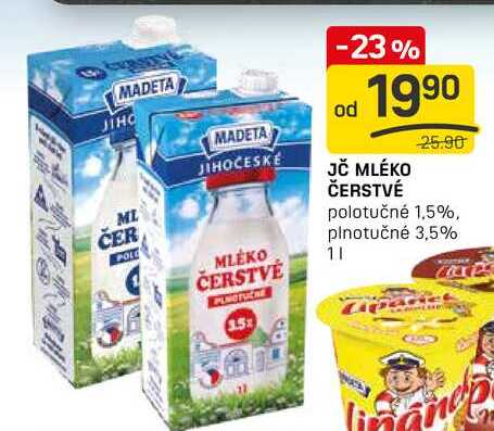 JČ MLÉKO ČERSTVÉ polotučné 1,5%, plnotučné 3,5% 1l