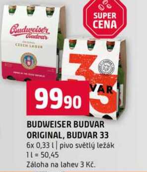BUDWEISER BUDVAR ORIGINAL, BUDVAR 33 6x 0,33l pivo světlý ležák 