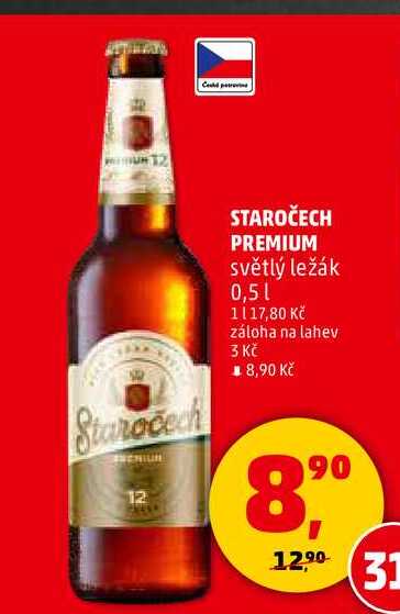 STAROČECH PREMIUM světlý ležák, 0,5 l v akci