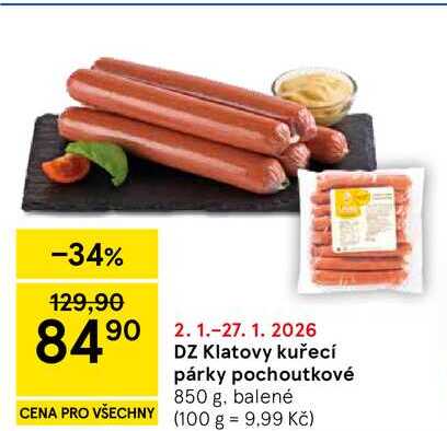 DZ Klatovy kuřecí párky pochoutkové, 850 g, balené