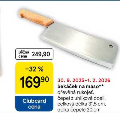 Sekáček na maso, dřevěná rukojeť. čepel z uhlíkové oceli. celková délka 31,5 cm. délka čepele 20 cm 