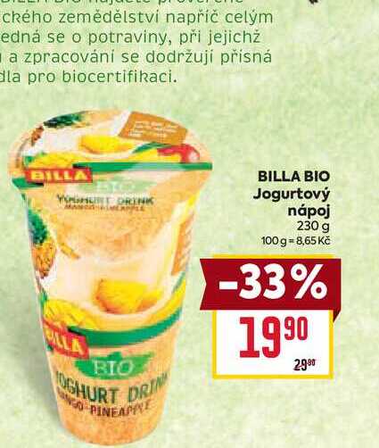 BILLA BIO Jogurtový nápoj 230 g  v akci