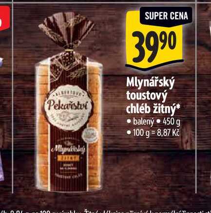 Mlynářský toustový chléb žitný balený 450 g