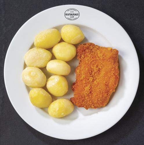 Smažená kuřecí kapsa plněná sýrem a šunkou s vařenými bramborami