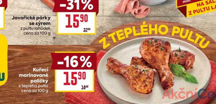 Kuřecí marinované paličky z teplého pultu cena za 100 g 