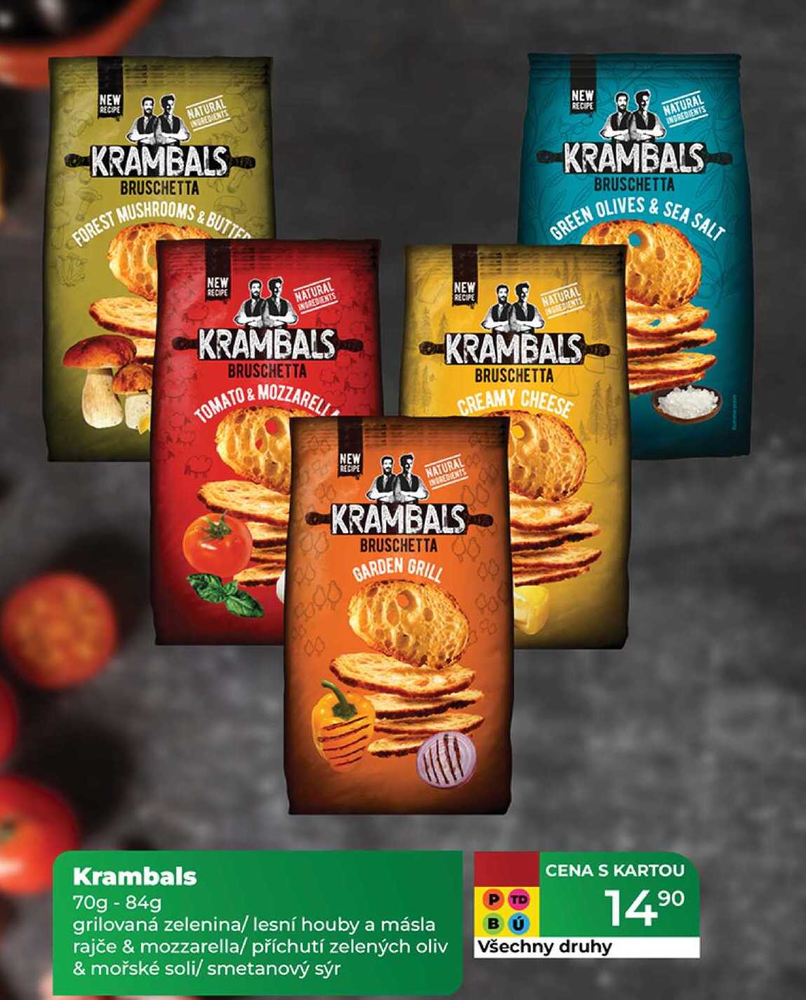 Krambals 70g - 84g grilovaná zelenina/ lesní houby a másla rajče & mozzarella/ příchutí zelených oliv & mořské soli/ smetanový sýr