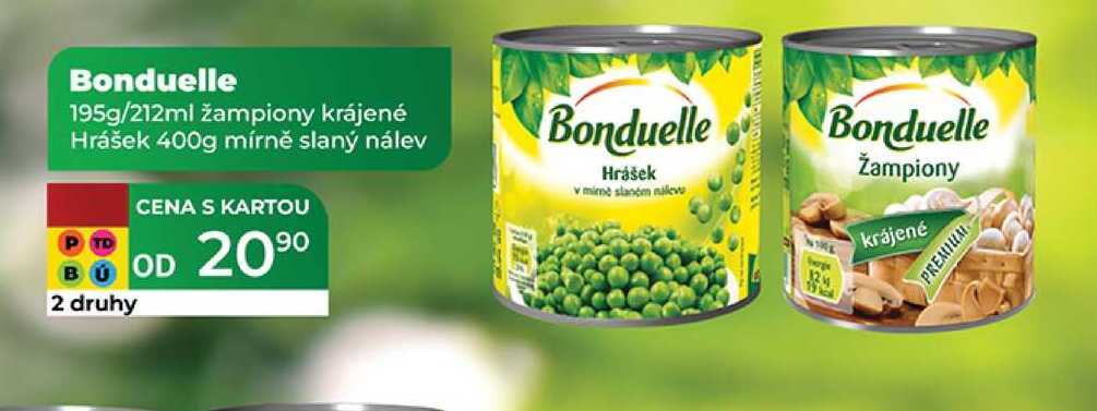 Bonduelle 195g/212ml žampiony krájené Hrášek 400g mírně slaný nálev 