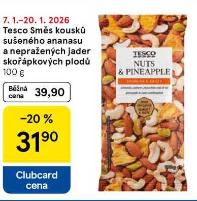Tesco Směs kousků sušeného ananasu a nepražených jader skořápkových plodů, 100 g  