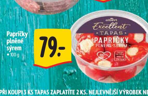 Papričky plněné sýrem 100 g 79- albert Excellent TAPAS PAPRIČKY PENENE SYREM 80% PŘI KOUPI 3 KS TAPAS ZAPLATÍTE 2 KS. NEJLEVNĚJŠÍ VÝROBEK NE  