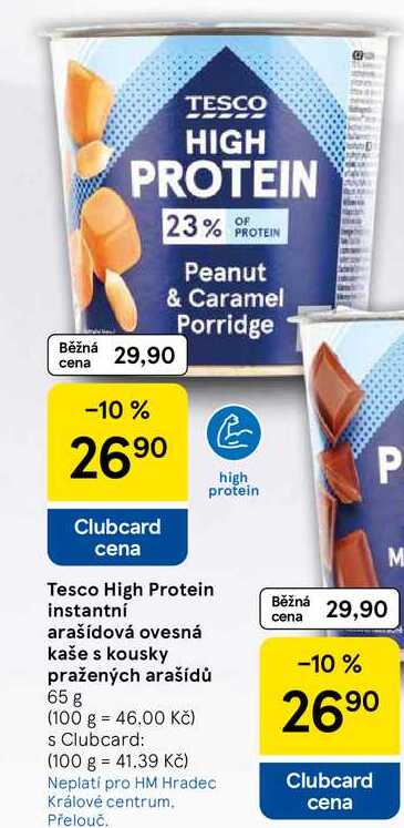 Tesco High Protein instantní arašídová ovesná kaše s kousky pražených arašídů, 65 g 