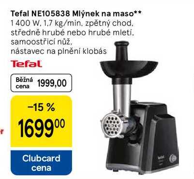 Tefal NE105838 Mlýnek na maso, 1400 W, 1,7 kg/min, zpětný chod. středně hrubé nebo hrubé mletí. samoostřicí nůž. nástavec na plnění klobás