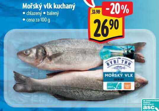 Mořský vlk kuchaný, cena za 100 g 