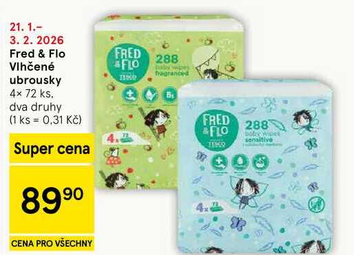 Fred & Flo Vlhčené ubrousky, 4× 72 ks, dva druhy