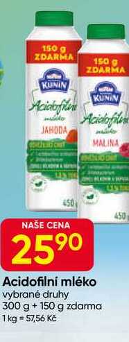 KUNÍN Acidofilní mléko vybrané druhy 300 g + 150 g 