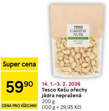 Tesco Kešu ořechy jádra nepražená, 200 g