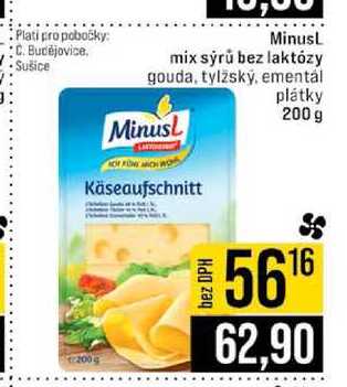 Minusl mix sýrů bez laktózy gouda, tylžský, ementál plátky 200 g 