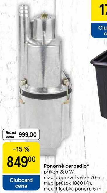 Ponorné čerpadlo, příkon 280 W. max. dopravní výška 70 m. max. průtok 1080 l/h. max. hloubka ponoru 5 m