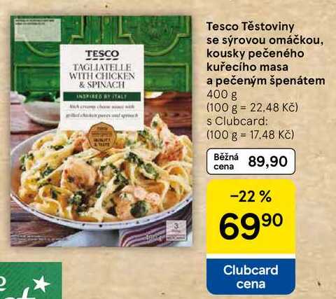 Tesco Těstoviny se sýrovou omáčkou, kousky pečeného kuřecího masa a pečeným špenátem, 400 g