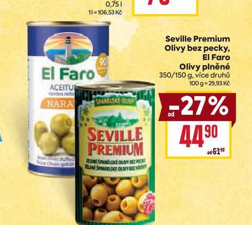 Seville Premium Olivy bez pecky, El Faro Olivy plněné 350/150 g