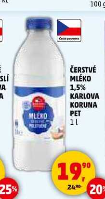 ČERSTVÉ MLÉKO 1,5% KARLOVA KORUNA PET, 1 l