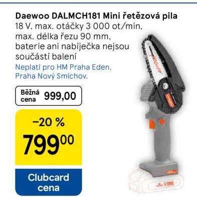 Daewoo DALMCH181 Mini řetězová pila, 18 V. max. otáčky 3 000 ot/min. max. délka řezu 90 mm. baterie ani nabíječka nejsou součástí balení 