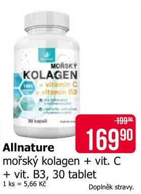 Allnature mořský kolagen + vit. C + vit. B3, 30 tablet 