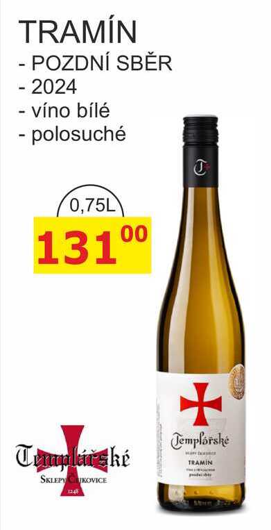Templářské sklepy 0,75l TRAMÍN, POZDNÍ SBĚR 2024 polosuché víno