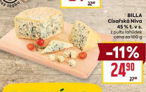 BILLA Císařská Niva 45% t. vs. z pultu lahůdek cena za 100 g 