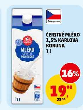 ČERSTVÉ MLÉKO 1,5% KARLOVA KORUNA MLÉKO, 1 l