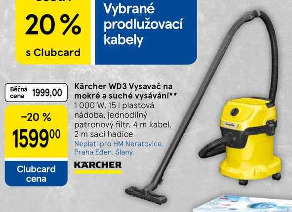 Kärcher WD3 Vysavač na mokré a suché vysávání, 1000 W. 15 I plastová nádoba. jednodílný patronový filtr. 4 m kabel. 2 m sací hadice  