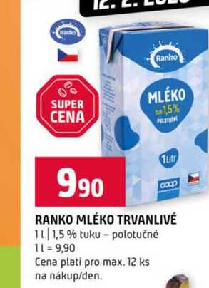 RANKO MLÉKO TRVANLIVÉ polotučné 1l 1,5 % tuku 