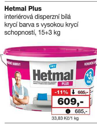 Hetmal Plus interiérová disperzní bílá krycí barva s vysokou krycí schopností, 15+3 kg