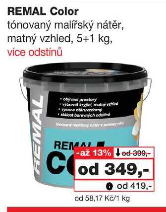 REMAL Color tónovaný malířský nátěr, matný vzhled, 5+1 kg