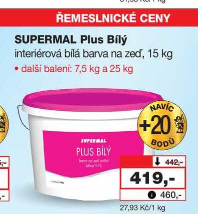 SUPERMAL Plus Bílý interiérová bílá barva na zeď, 15 kg