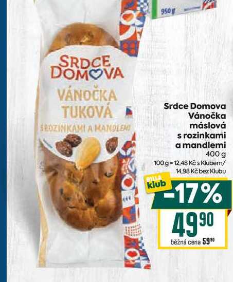 Srdce Domova Vánočka máslová s rozinkami a mandlemi 400 g 