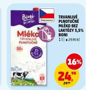 TRVANLIVÉ PLNOTUČNÉ MLÉKO BEZ LAKTÓZY 3,5% BONI, 1 l