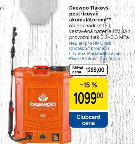 Daewoo Tlakový postřikovač akumulátorový, objem nádrže 16 I. vestavěná baterie 12V 8Ah. provozní tlak 0.2-0.3 MPa   