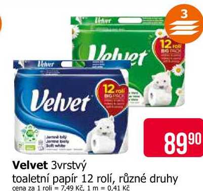 Velvet 3vrstvý toaletní papír 12 rolí, různé druhy