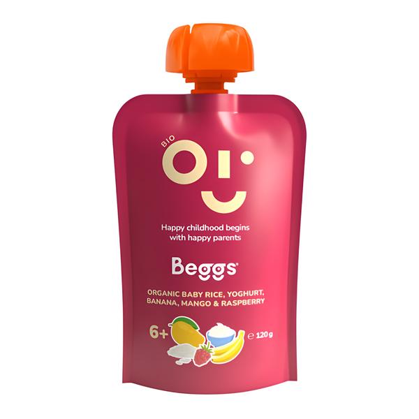 Beggs BIO Dětská rýže s jogurtem, banánem, mangem a malinami