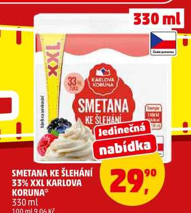 SMETANA KE ŠLEHÁNÍ 33% XXL KARLOVA KORUNA, 330 ml 