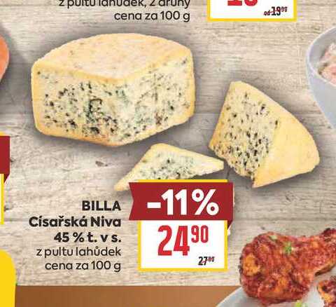 BILLA Císařská Niva 45% t. vs. z pultu lahůdek cena za 100 g