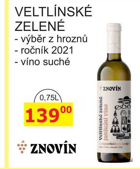 ZNOVÍN ZNOJMO 0,75L VELTLÍNSKÉ ZELENÉ výběr z hroznů, ročník 2021, víno suché 